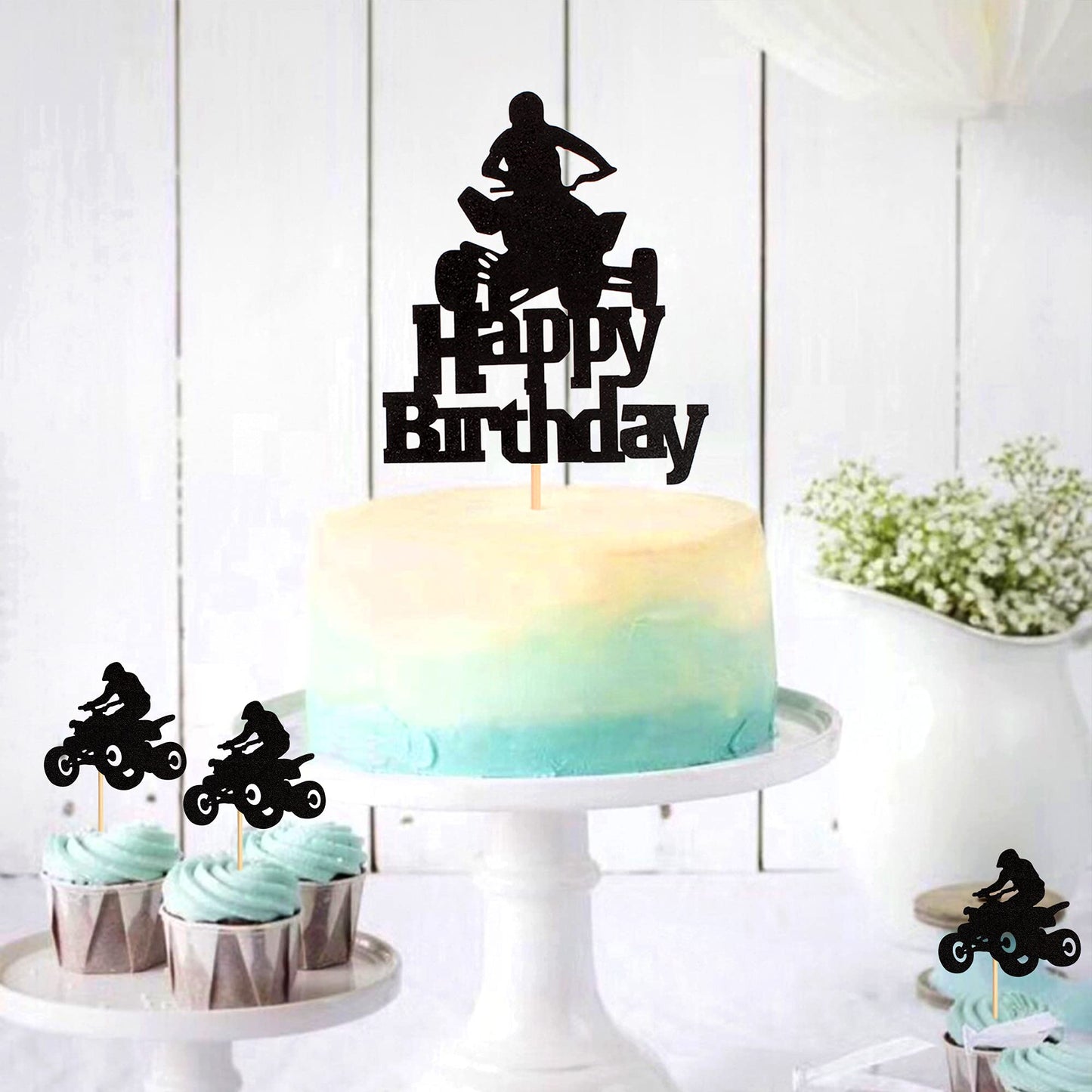 Unimall Unimall Pack Of 25Pcs Happy Birthday Motorcycle Cake Topper Atv Cupcake Topper, Black Flash Motorcycle Sport Theme Birth