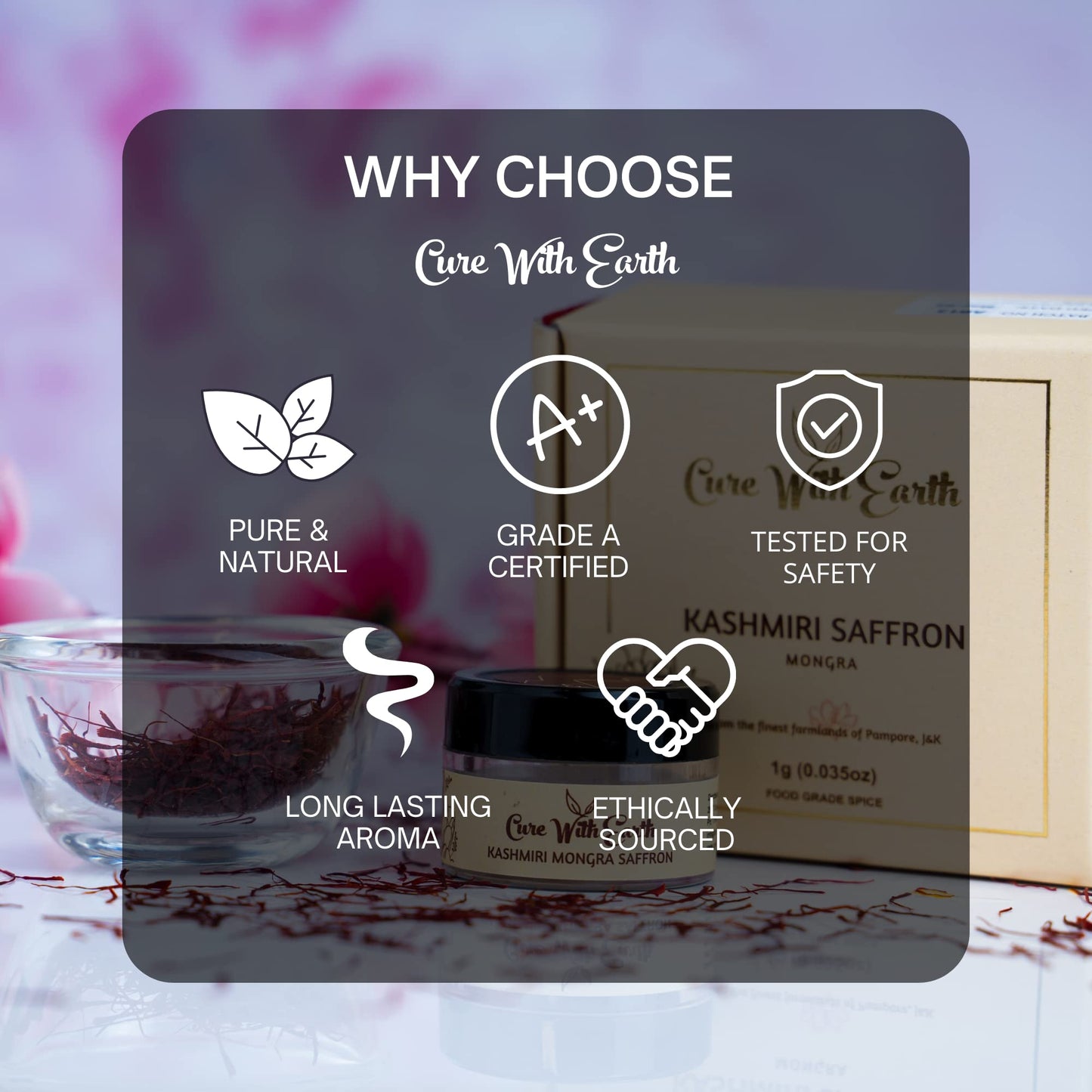 Cure With Earth Kashmir Saffron Threads, Grade A, 1g (0.035 Ounce) from Pampore, J&K, India