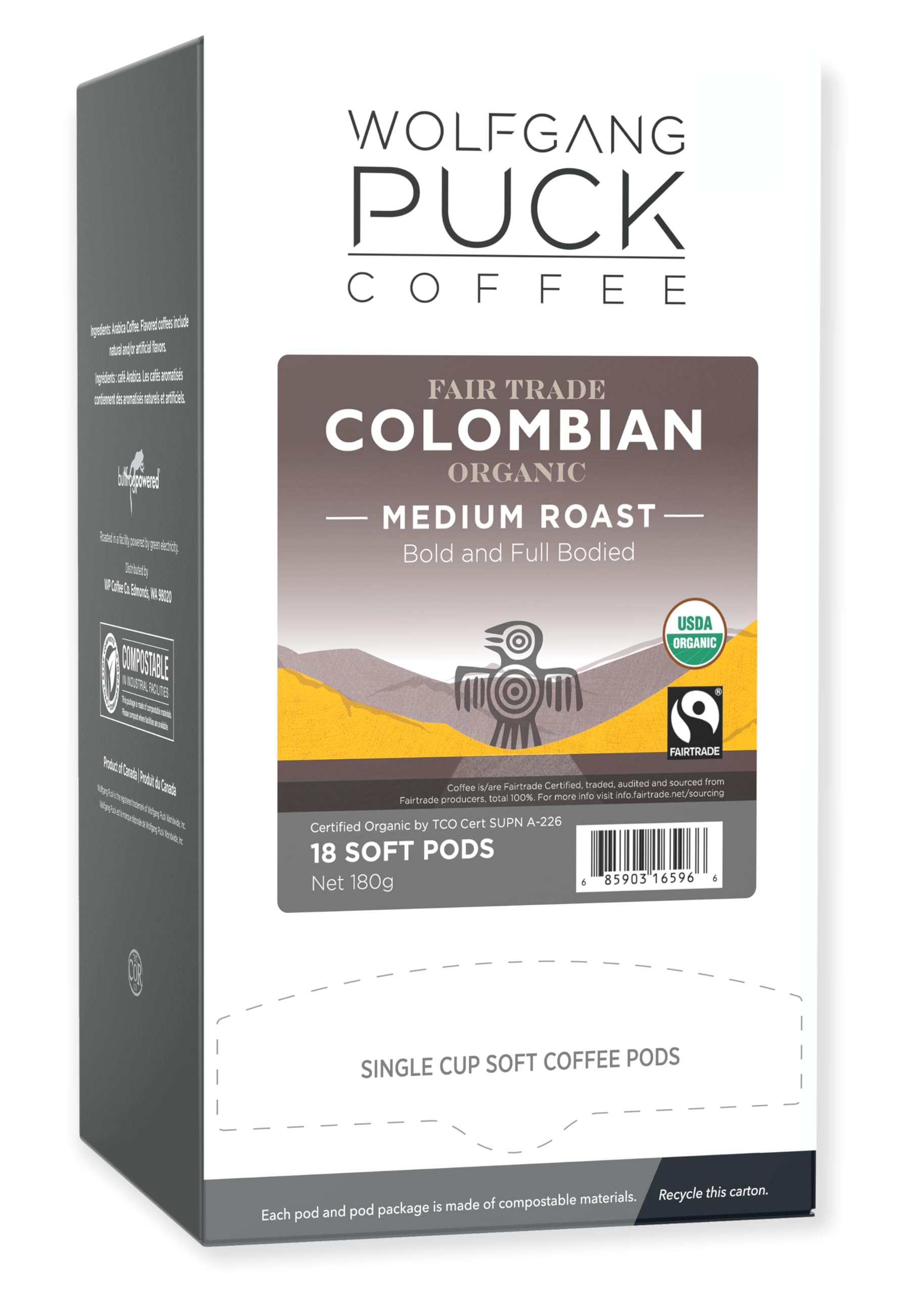 Wolfgang Puck Coffee Soft Pods, Colombian, Organic Fair Trade, 18 Count (Pack Of 6)