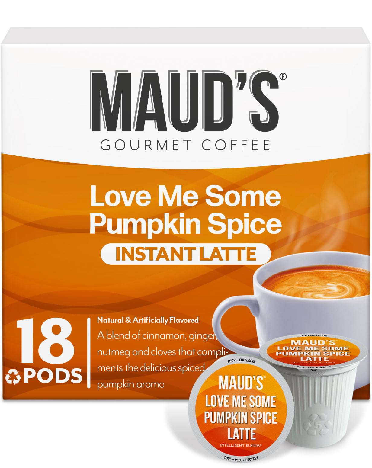 Mauds Pumpkin Spice Latte Coffee Pods  18 ct | Love Me Some Pumpkin Spice Latte | 100% Arabica Coffee | Solar Energy Produced Recyclable Single Serve Coffee Pods Compatible with Keurig K-Cup malt-inspired