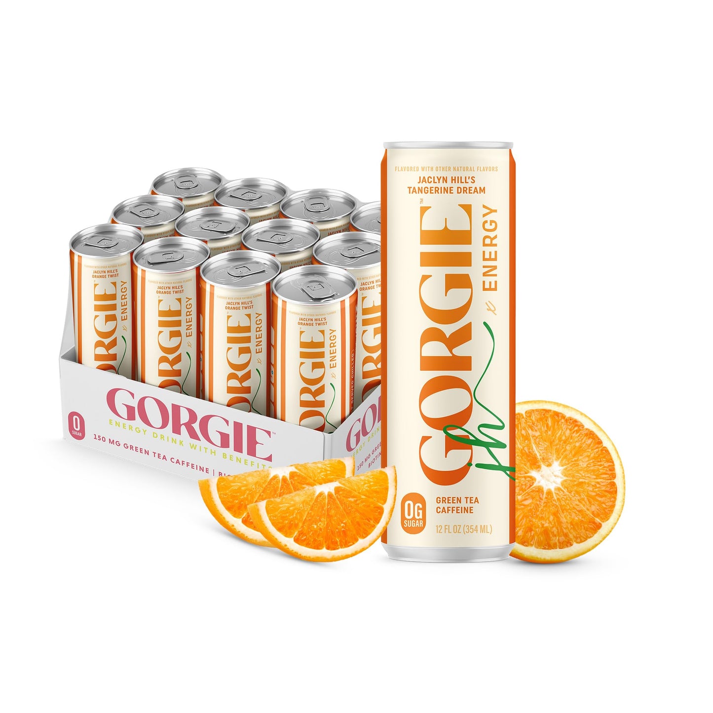 GORGIE Sugar Free Natural Energy Drinks, Orange Twist, 12 Pack, Vegan, Low Calorie, Sparkling Energy with Green Tea Caffeine