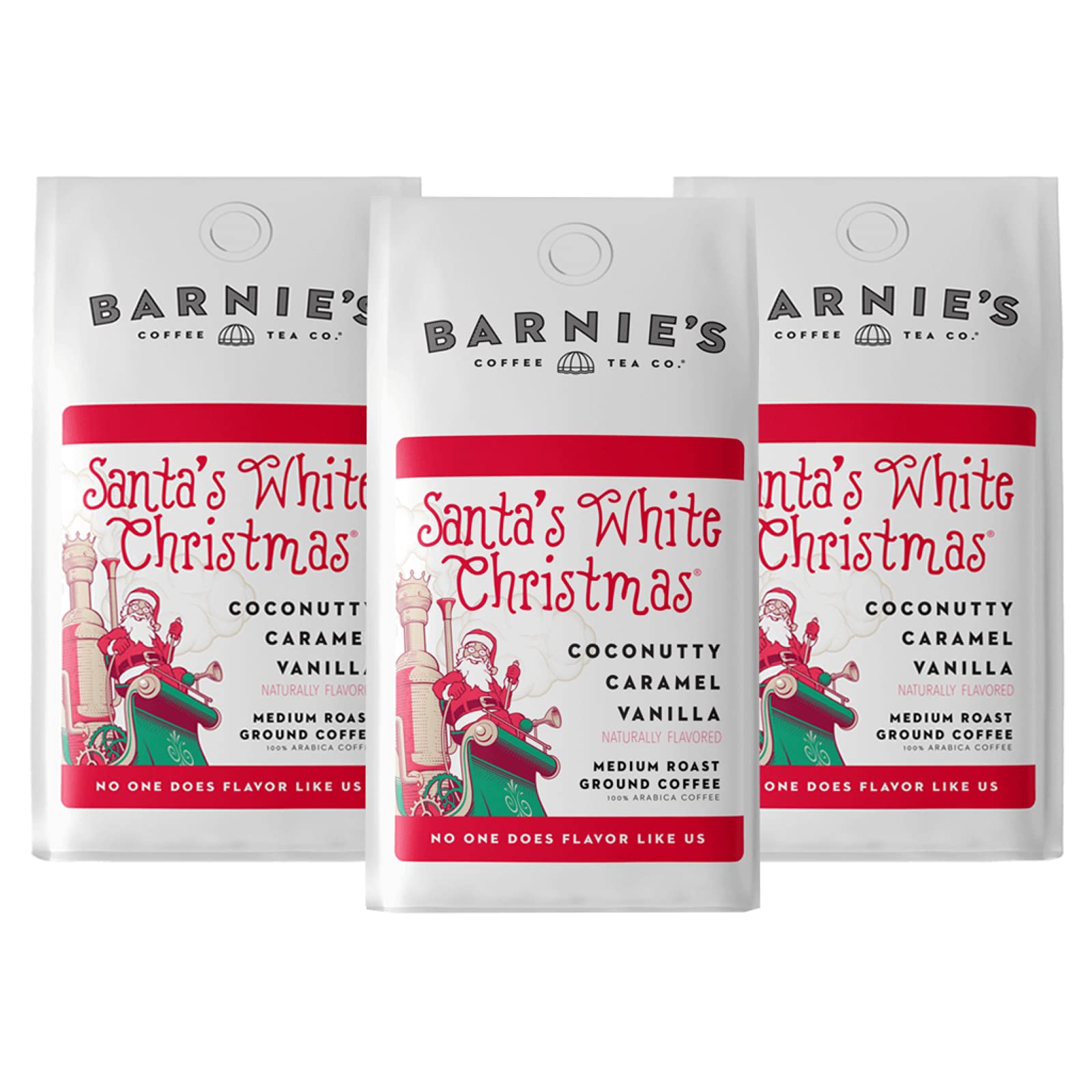 Barnies Santas White Christmas Ground Coffee with Coconut  Caramel  and Warm Vanilla Flavors  Medium Roasted Arabica Coffee Beans  12 oz Bag (Pack of 3)