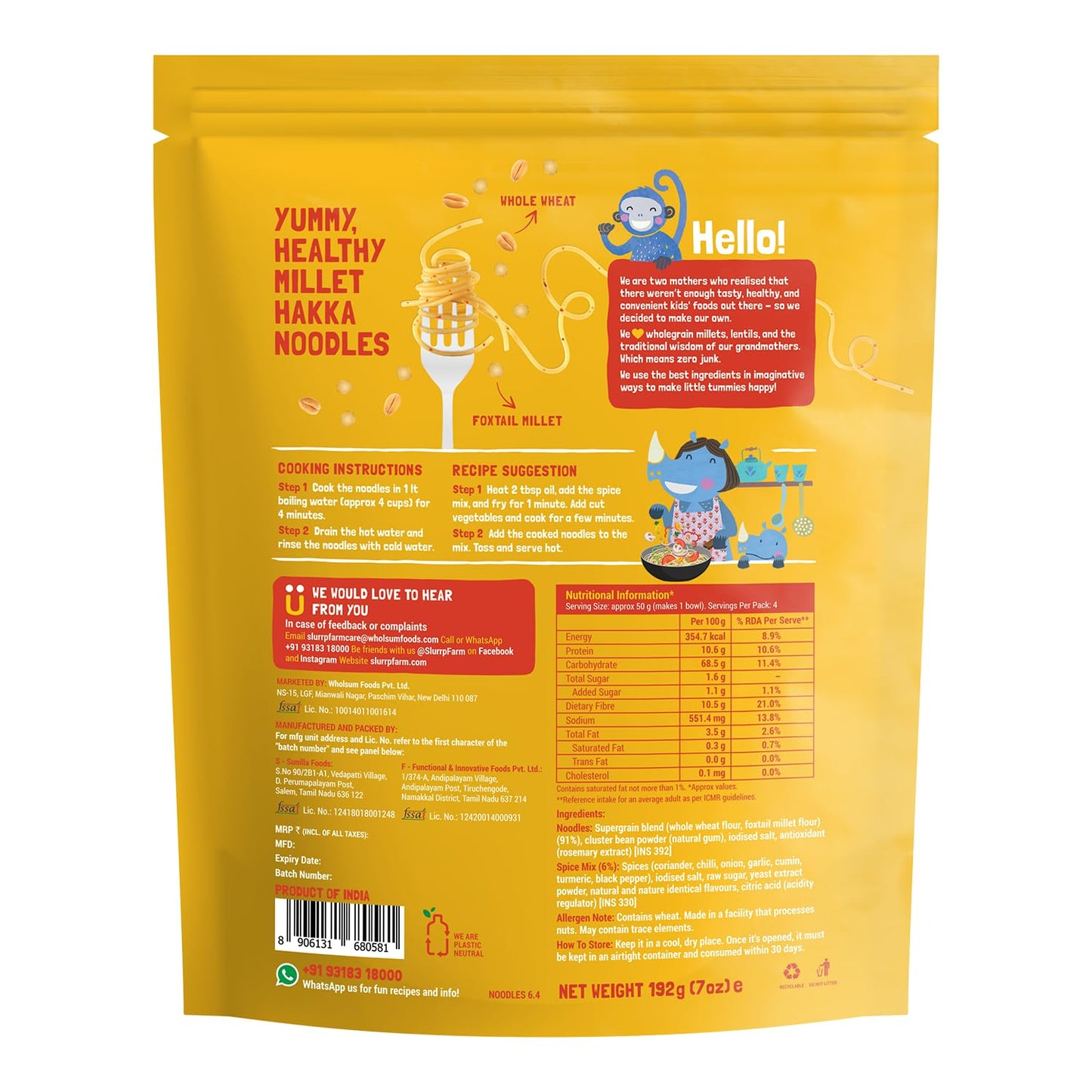 Slurrp Farm No Maida Hakka Noodles Combo, Not Fried, No Msg, Classic, Mild And Curry Masala Millet Noodles, Pack Of 3 X 192 G