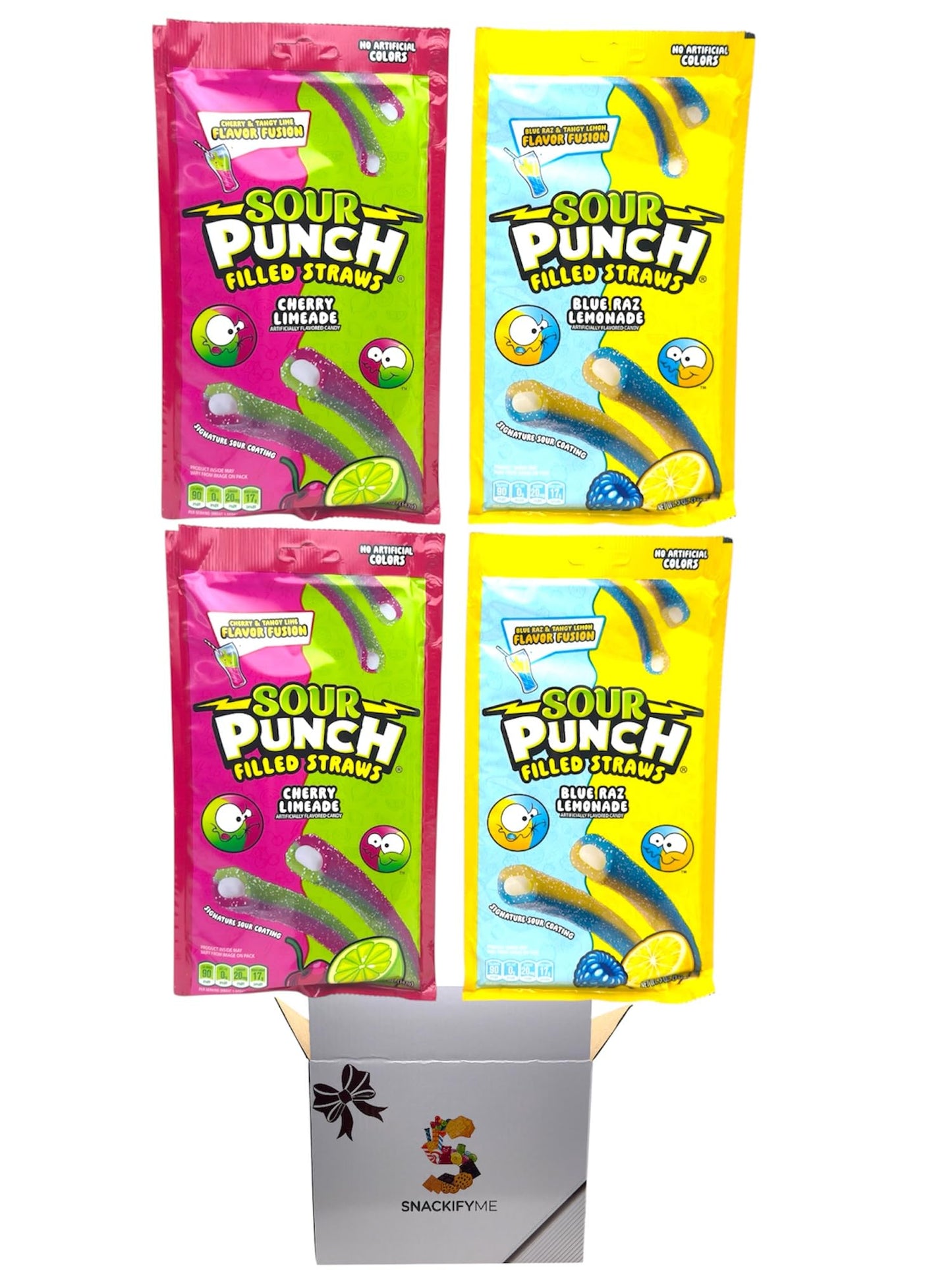 Sour Filled Straws Candy Variety Pack - Cherry Limeade & Blue Razz Lemonade, 4 x 5oz Bags, SNACKIFYME Gift Box of Sour Punch Str