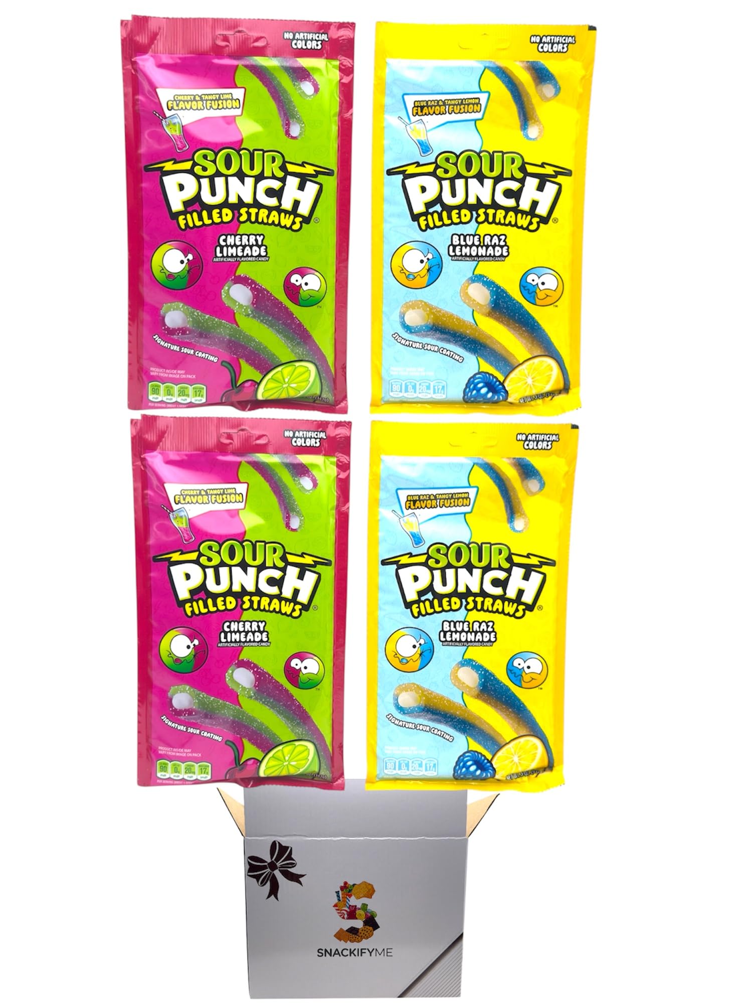 Sour Filled Straws Candy Variety Pack - Cherry Limeade & Blue Razz Lemonade, 4 x 5oz Bags, SNACKIFYME Gift Box of Sour Punch Str