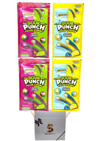 Sour Filled Straws Candy Variety Pack - Cherry Limeade & Blue Razz Lemonade, 4 x 5oz Bags, SNACKIFYME Gift Box of Sour Punch Str