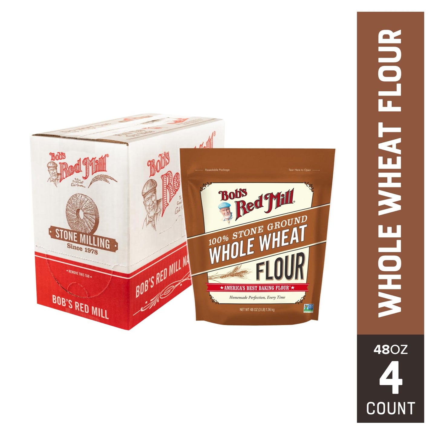 Bobs Red Mill Whole Wheat Flour  3 Pound (Pack of 4) - Whole Grain  Non-GMO  Vegan
