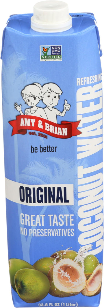 Amy & Brian Pure Coconut Water, 1 Liter (Pack of 6) | Best Tasting Coconut Water | Non-GMO & No Added Sugar | Refreshing & Hydra