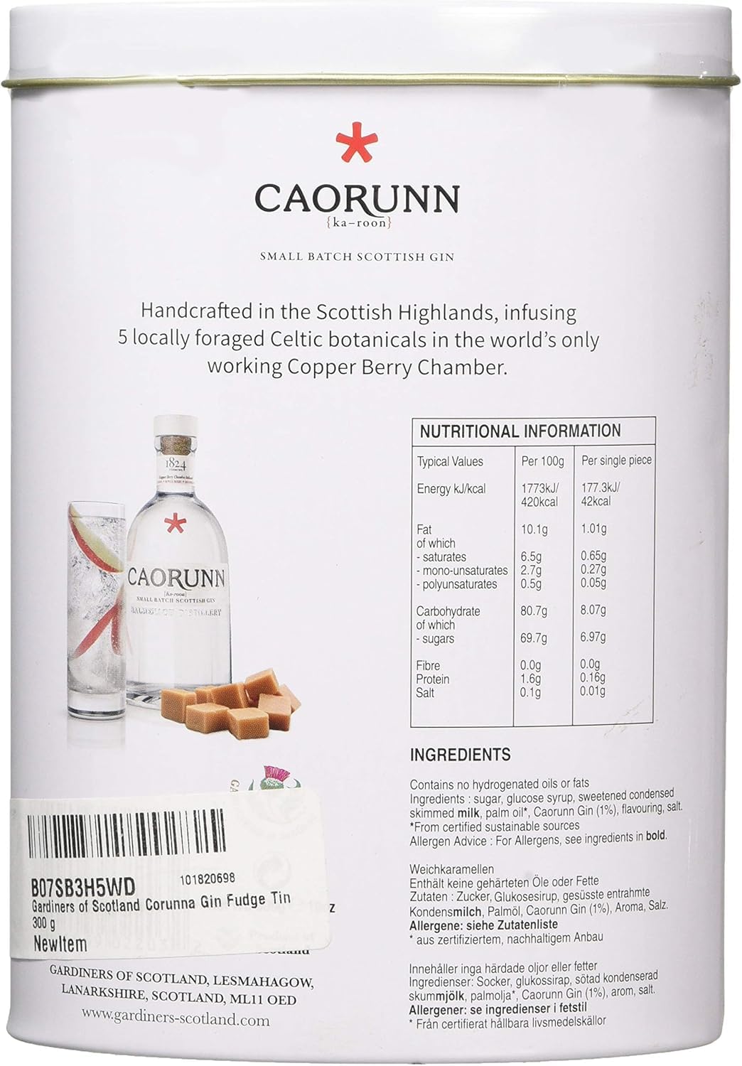Gardiners of Scotland Handmade Fudge, Caorunn Celtic Gin Flavor, 300g Tin