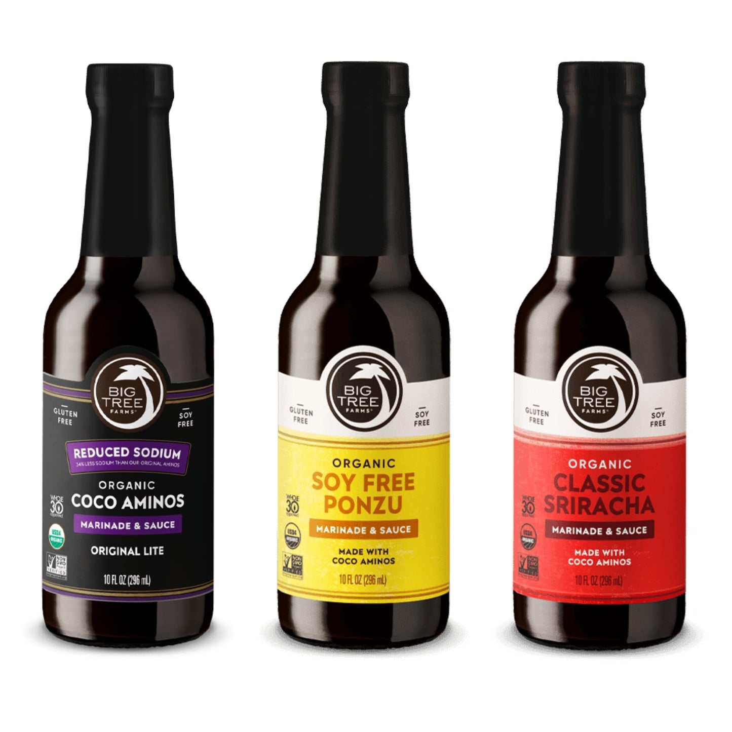 Big Tree Farms Organic Coco Aminos Soy-Free Sauce, Low Sodium, Gluten Free, Non-GMO, 10 Fl Oz, Variety Pack (Pack of 3)