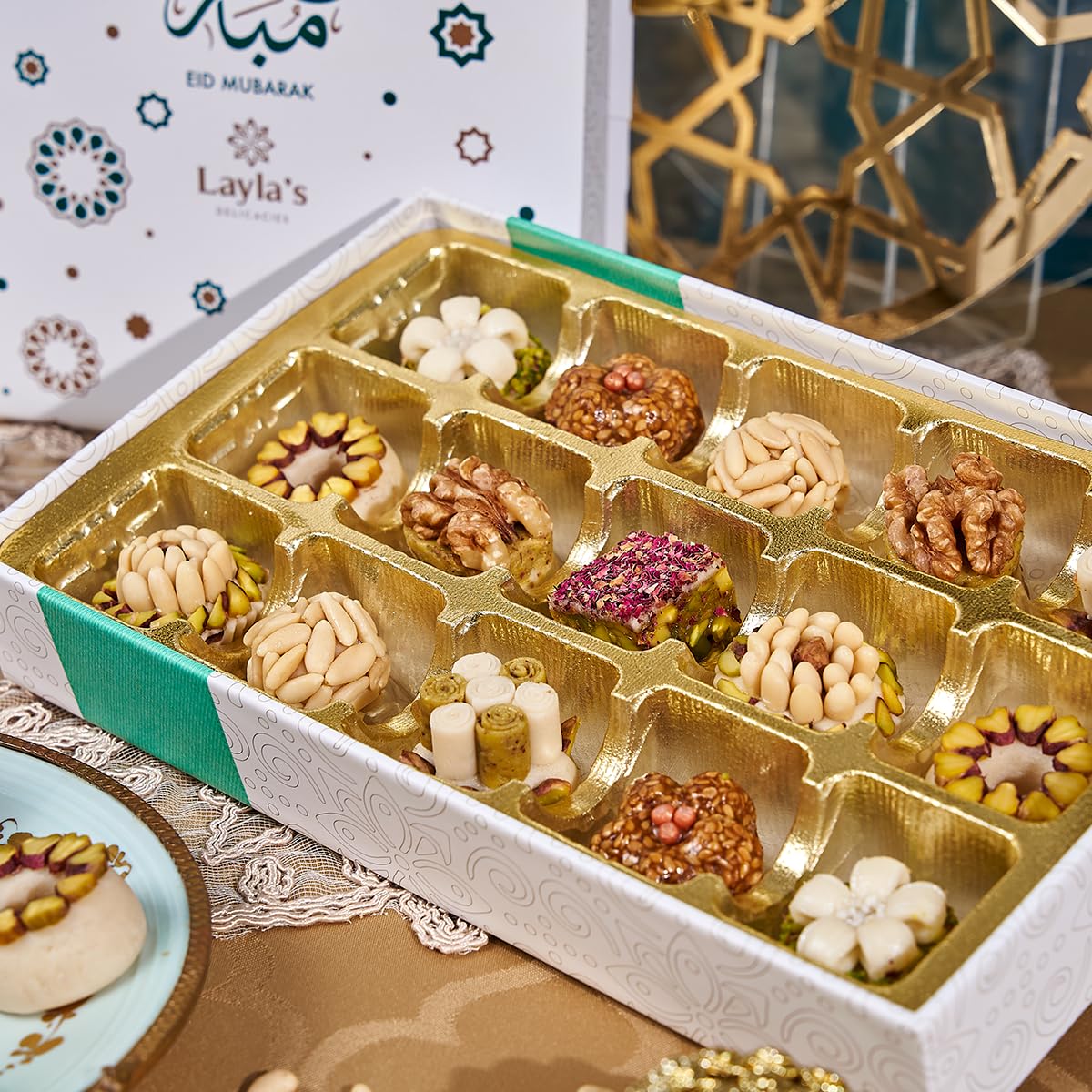 Laylas Delicacies Mediterranean Treats Gift Box For Eid Mubarak - Handmade Healthy Mixed Nutty Flavors Pastries - Halal, Vegetar