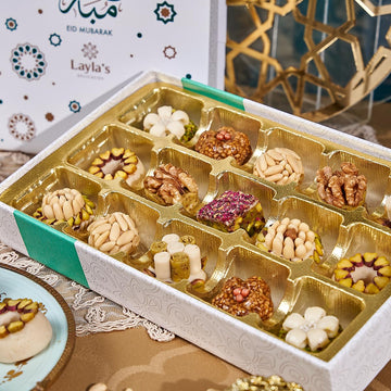 Laylas Delicacies Mediterranean Treats Gift Box For Eid Mubarak - Handmade Healthy Mixed Nutty Flavors Pastries - Halal, Vegetar