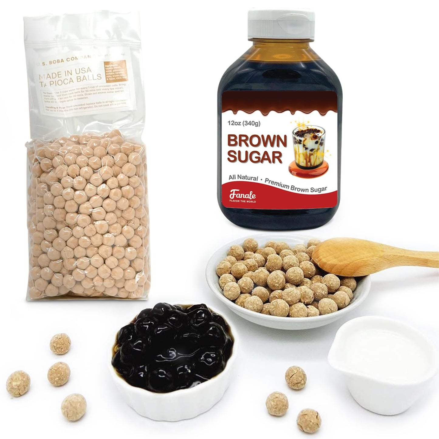 Fanale Brown Sugar Boba Tea Kit with Boba Pearls, US Boba Co Tapioca Pearl Made in USA 1 Pound, Brown sugar boba milk tea, Hand 