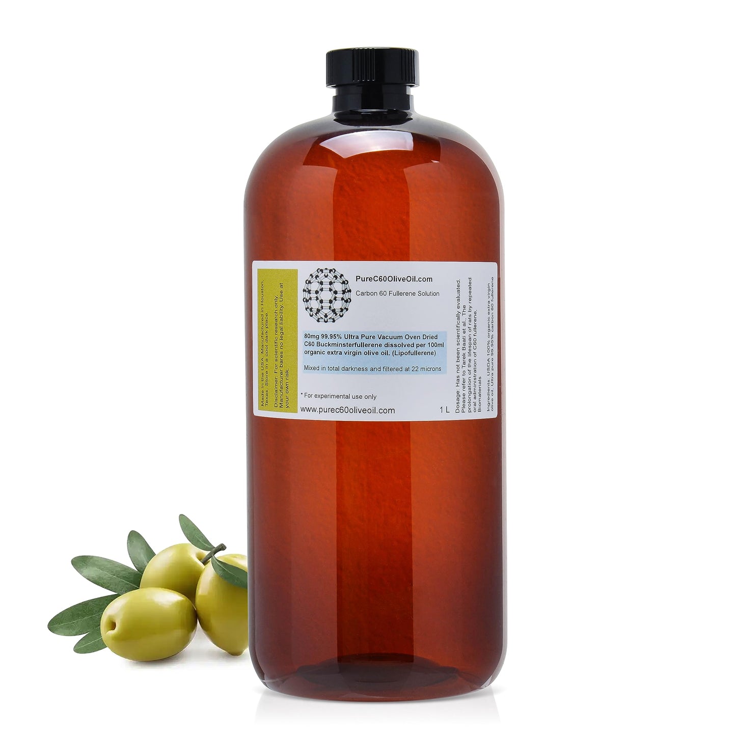 PureC60OliveOil C60 Organic Olive Oil 1L / 33.8 Fl Oz - 99.95% Carbon 60 Solvent Free 800mg - Food Grade - BUCKMINSTERFULLERENE 