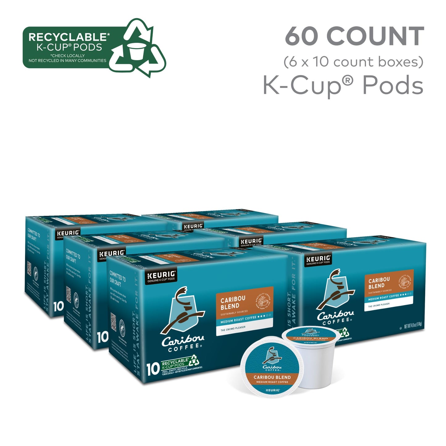 Caribou Coffee Caribou Blend Keurig Single-Serve K-Cup Pod, Medium Roast Coffee, 60 Count (6 Packs Of 10)