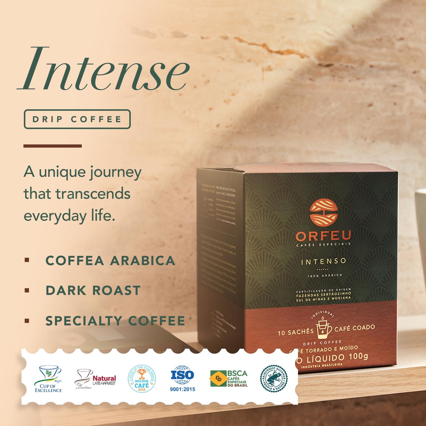 Orfeu - Special Coffee Intense - Drip Sachet - 100% Arabica Coffee, Dark Roast, Aroma Of Toasted Caramel & Fruit Jam, Low Acidit