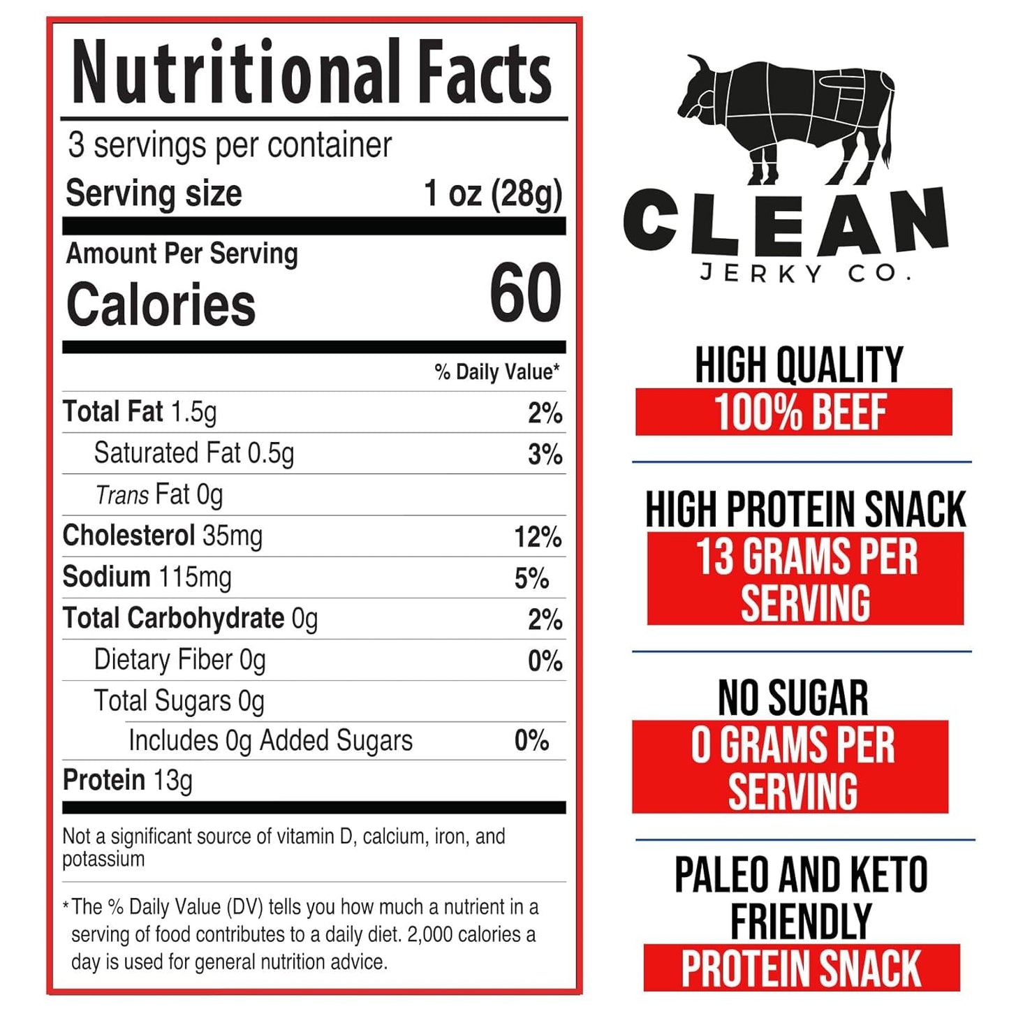 Clean Jerky Co. Old Fashioned Dry Zero Sugar Beef Jerky, Salt & Pepper Flavor, 3 Ounce Protein Snack, No MSG, No Sugar, No Nitrates