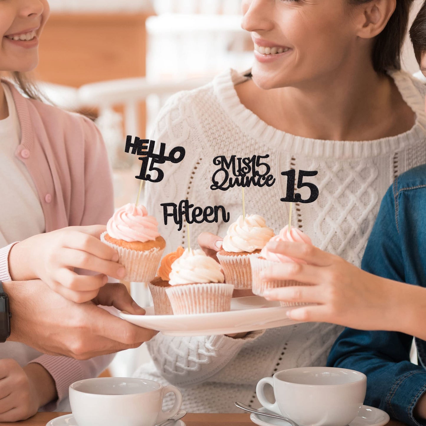 Gyufise 24Pcs Black Glitter 15Th Birthday Cupcake Toppers Mis Quince 15 Cake Toppers Hello 15 Fifteen Cupcake Picks For 15Th Bir