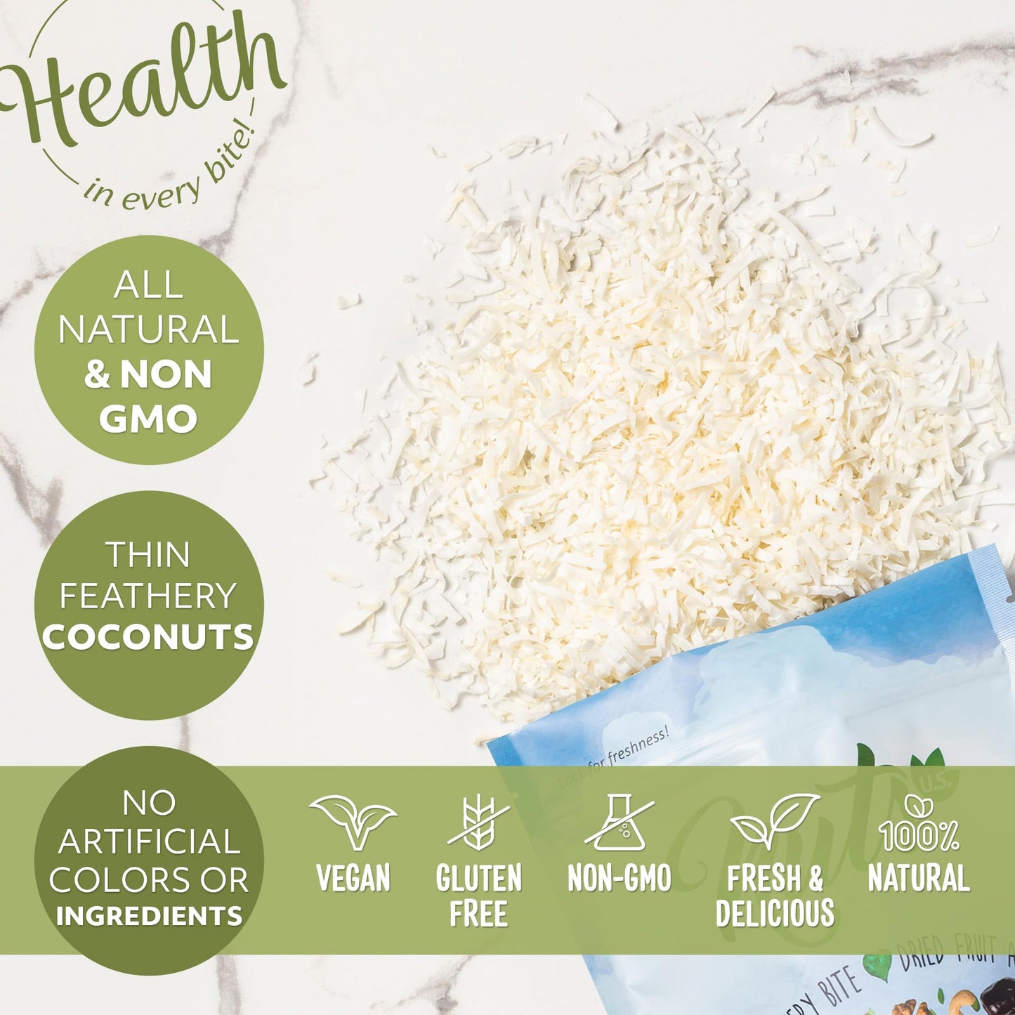 NUTS U.S. - Unsweetened Coconut Flakes | Thin & Feathery Flakes of Coconuts | Mild, Fresh and Characteristics of Coconut | No Ad