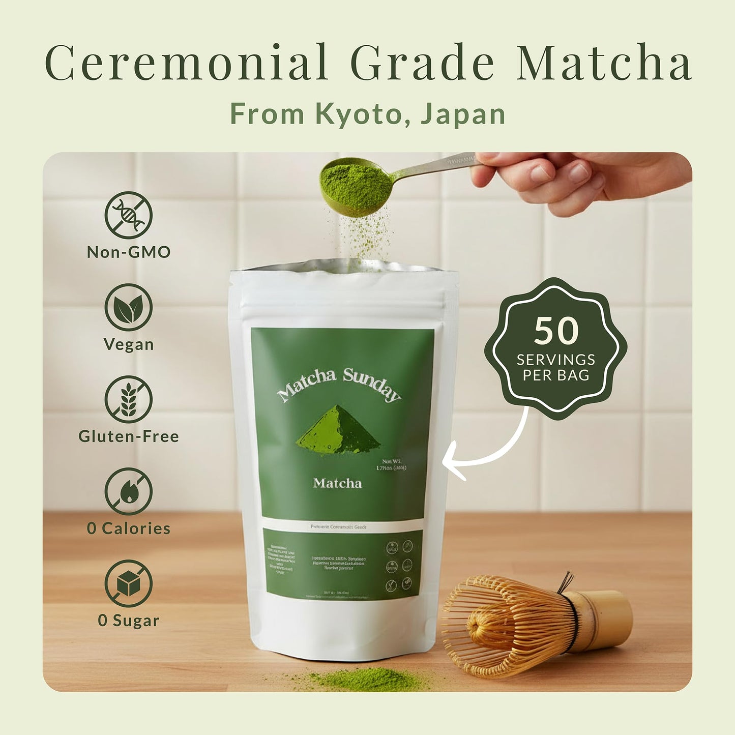 Matcha Sunday Ceremonial Grade Matcha - Kyoto  Japan - Finely Ground Green Tea Powder - Vibrant Green (50g/ 1.75oz)