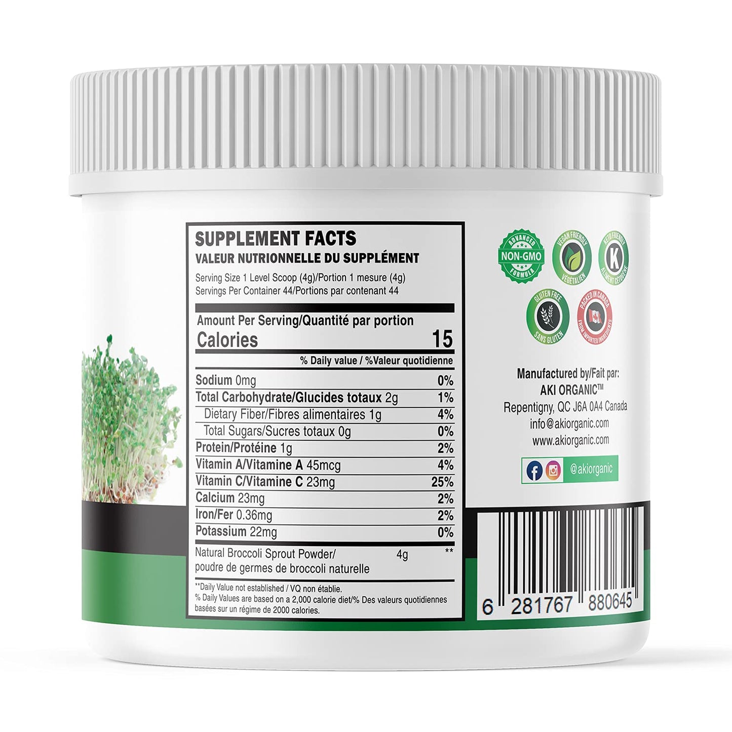 AKI Broccoli Sprout Powder - Ideal in Vitamins & Sulforaphane - Superfood for Green Veggie Smoothie Beverage or Meal - Non GMO (