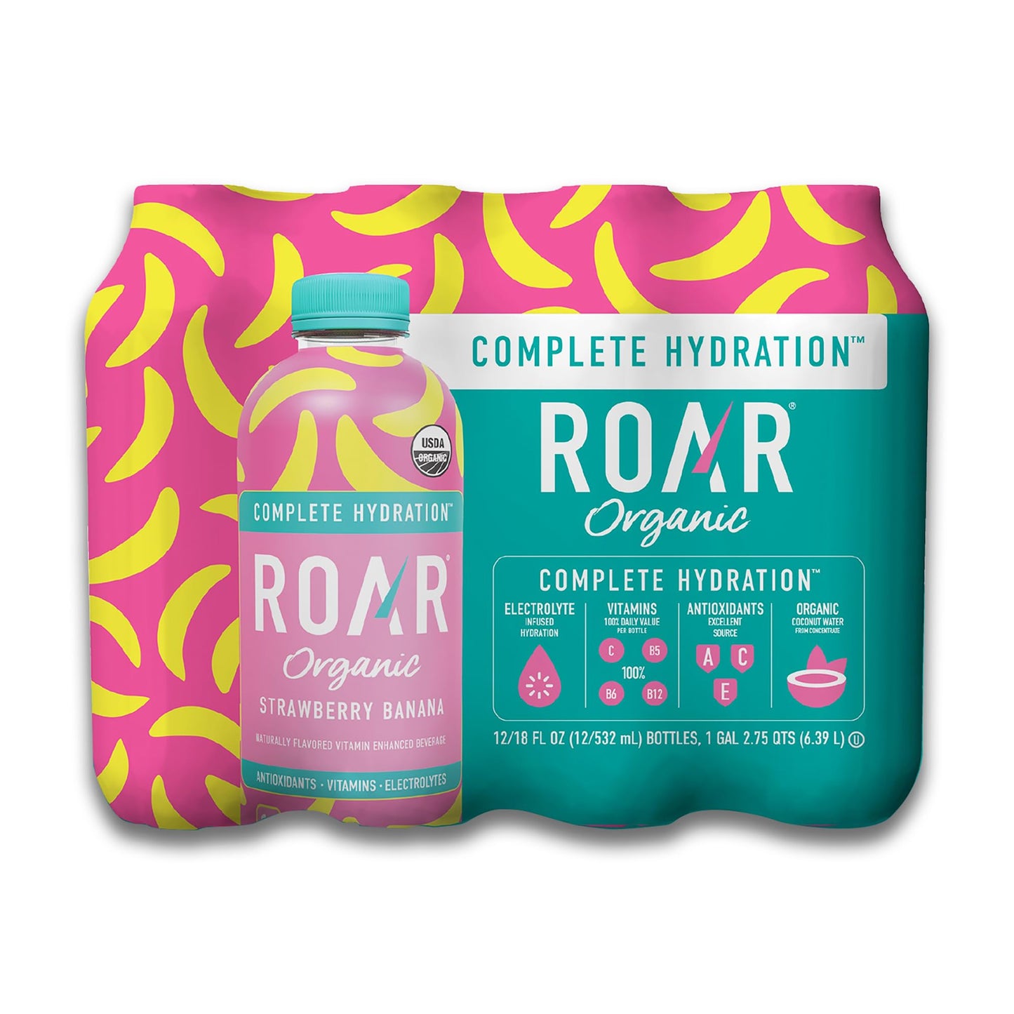 Roar Complete Hydration Organic - Electrolyte Drinks Loaded with Vitamins C  B5  B12 - Non-GMO  Gluten-Free - Strawberry Banana - 12 pc
