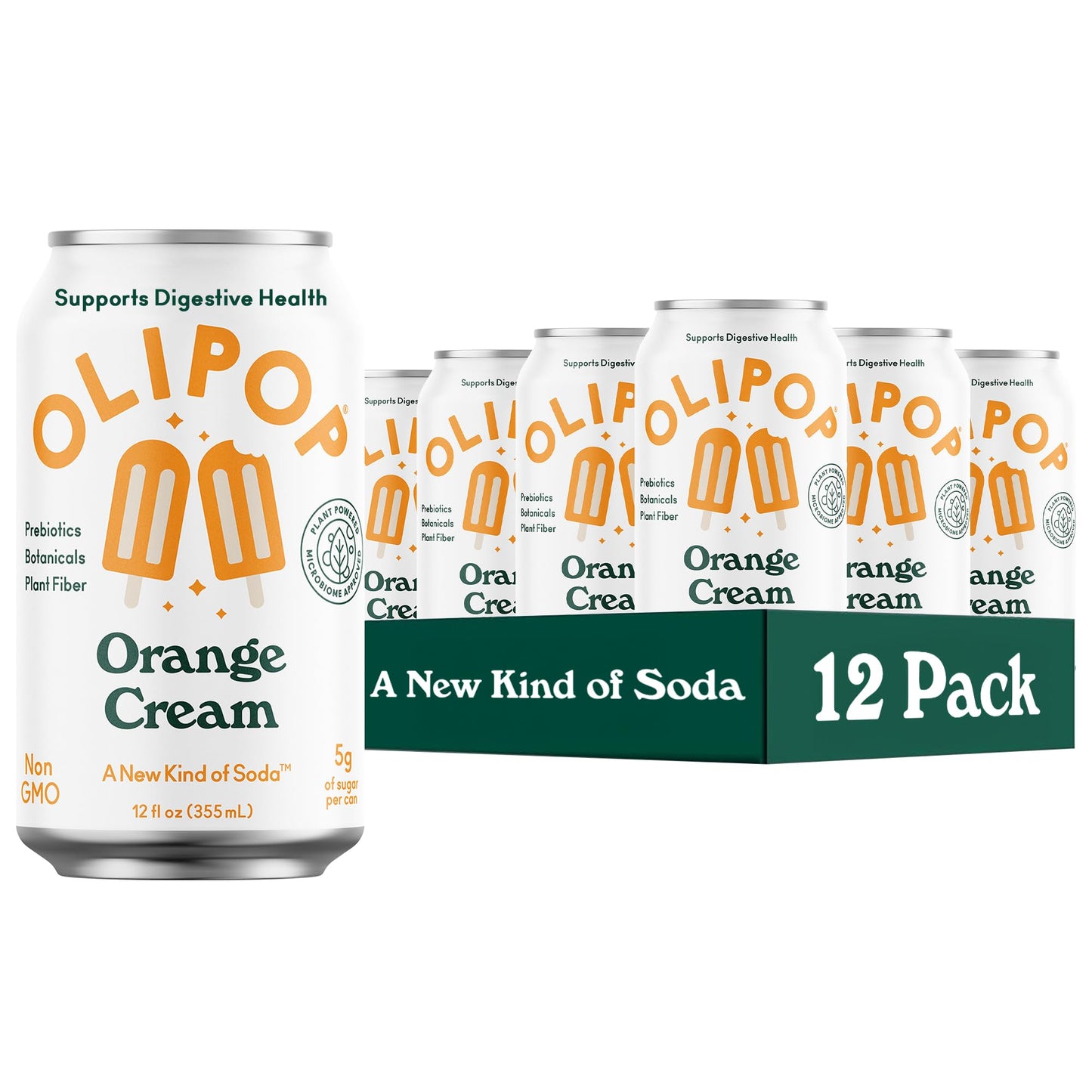 OLIPOP Prebiotic Soda Pop  Orange Cream  A New Kind of Soda Packed with Prebiotics  Fiber  and Botanicals  Gluten Free  Vegan  GMO Free  12oz (12-Cans)