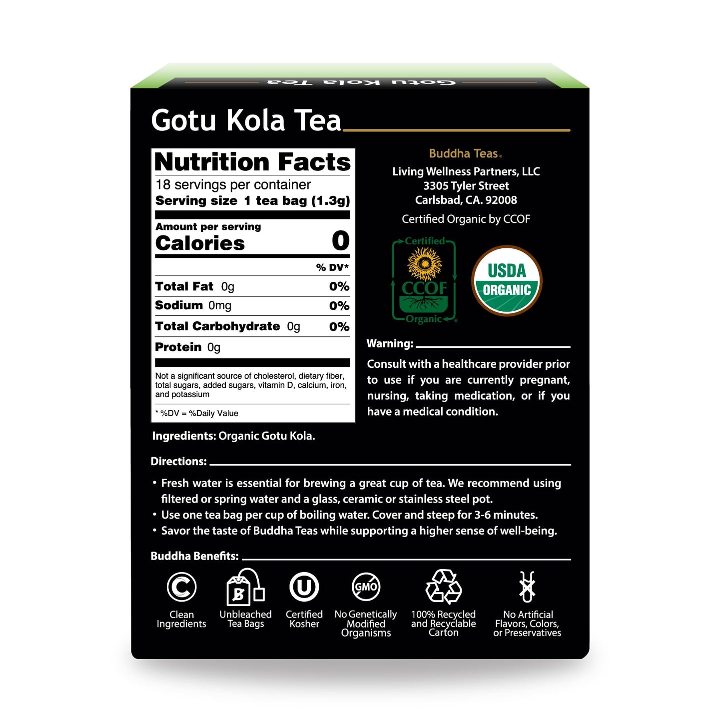 Buddha Teas Organic Gotu Kola Herbal Tea - Caffeine Free - 18 Tea Bags - Non-GMO & OU Kosher