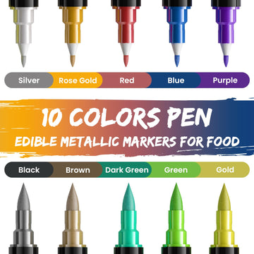 Jewem Edible Markers For Cookie Decorating, 10Pcs Upgrade Grade Metallic Markers Gold Shimmering Pens, Double Sided Tip Food Col