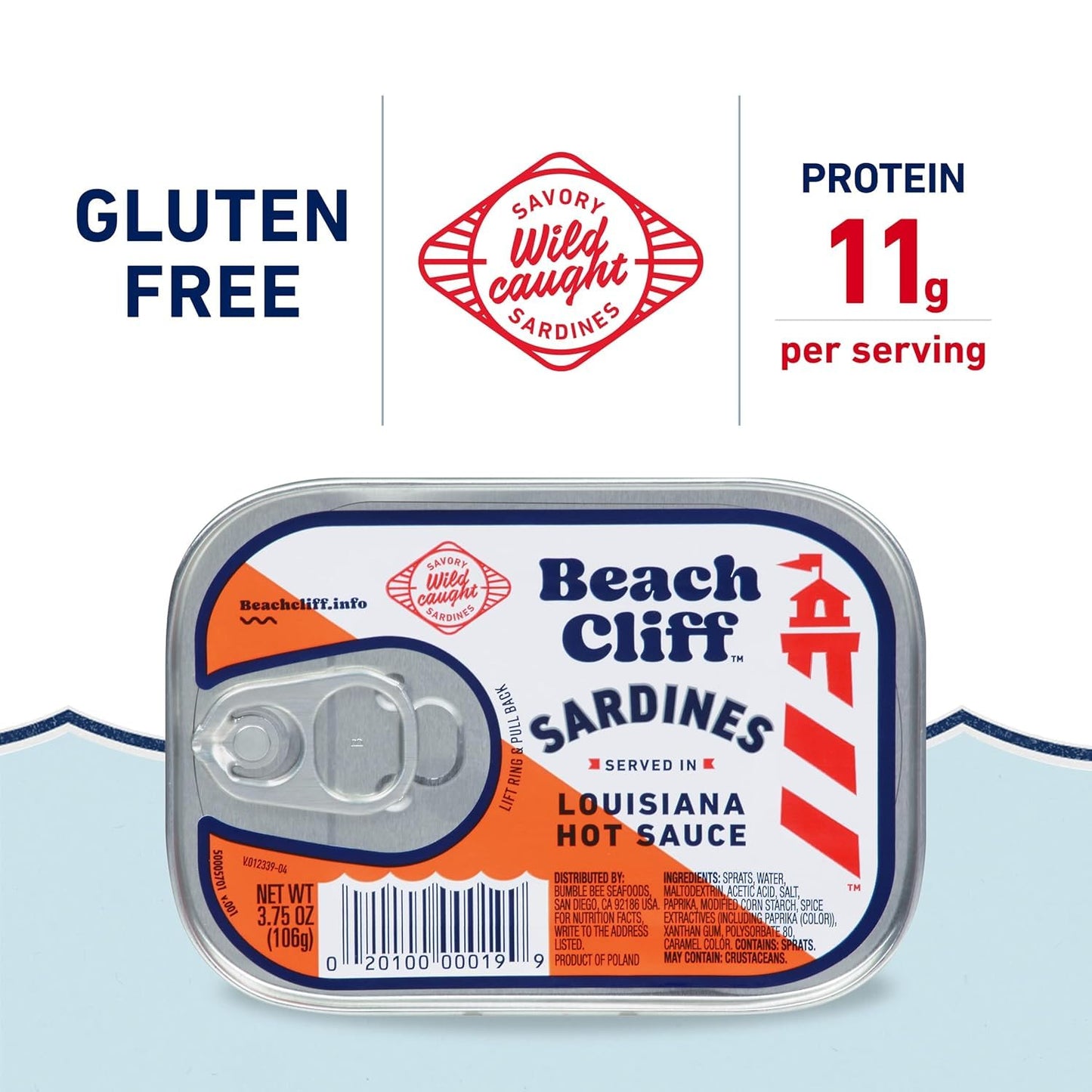 Beach Cliff Sardines in Louisiana Hot Sauce, 3.75 oz Can, Pack of 12, Gluten Free, Keto Friendly, 11g Protein per Serving