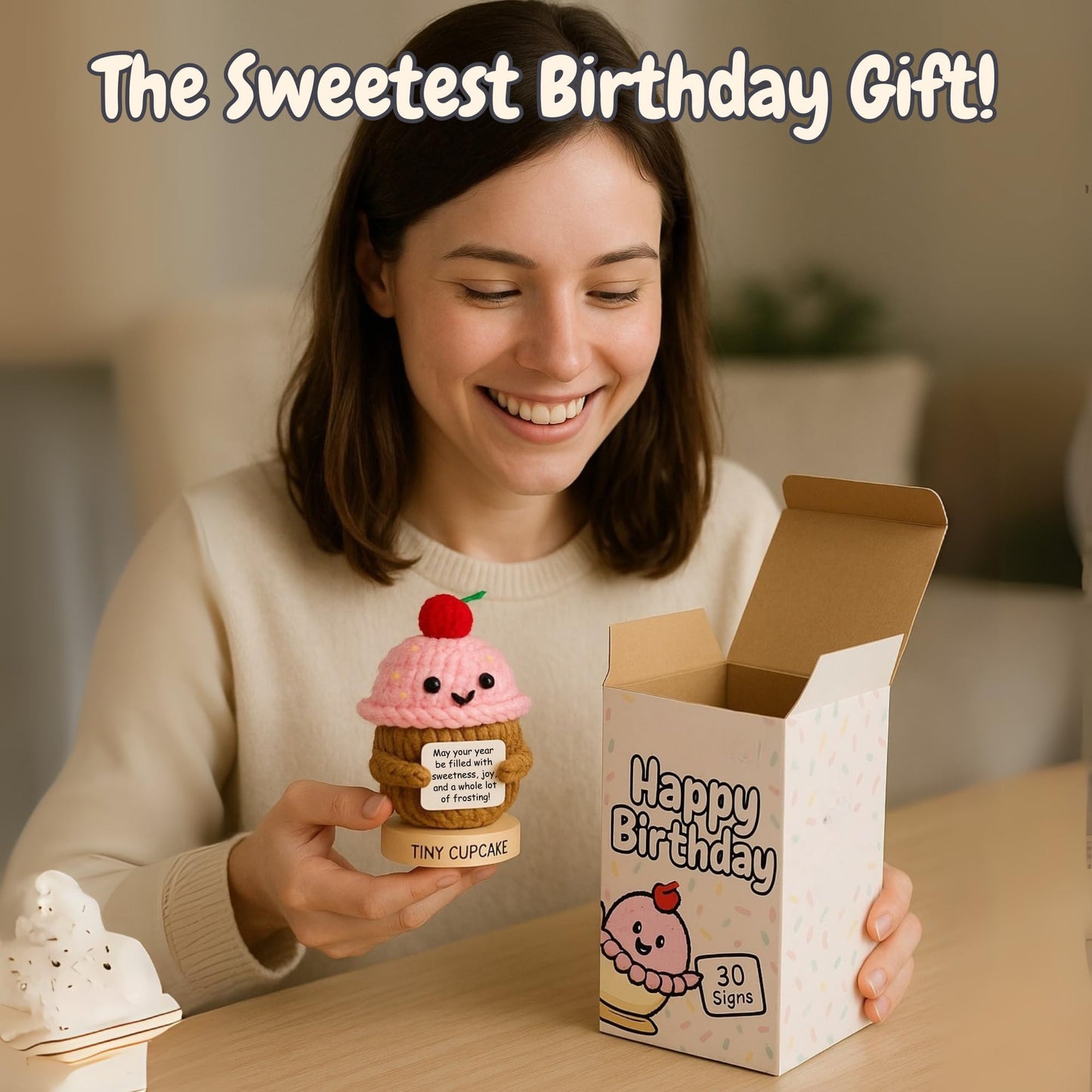 Happy Birthday Cupcake Crochet With 30 Birthday Cards | Funny Gift Idea For Women For 16Th, 21St, 17 Year Old, 30Th Birthdays | Cute Bday Party Decor For Her, Friends, Teens, Coworkers, Sister, Bestie