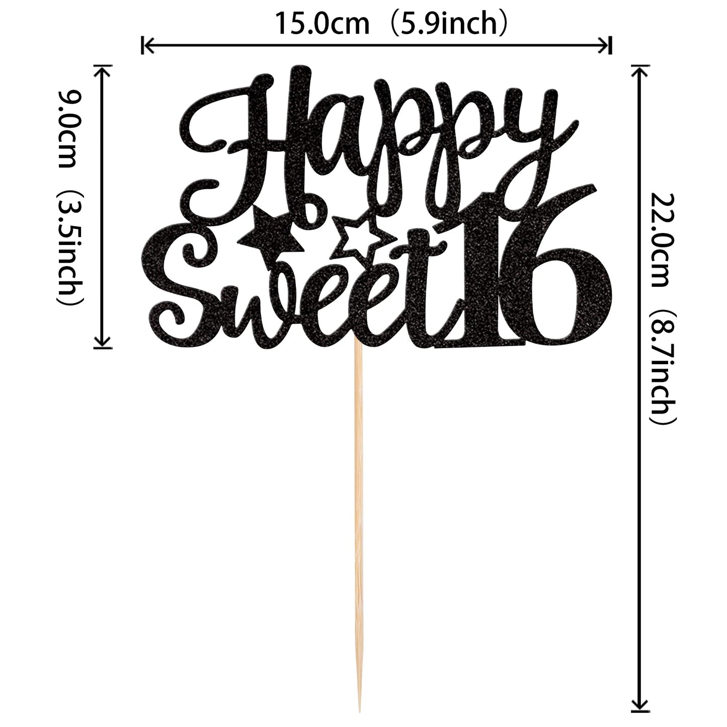 YCTHUNFISH Happy Sweet 16 Cake Topper, Glitter 16th Birthday Decoration, Bamboo, Black