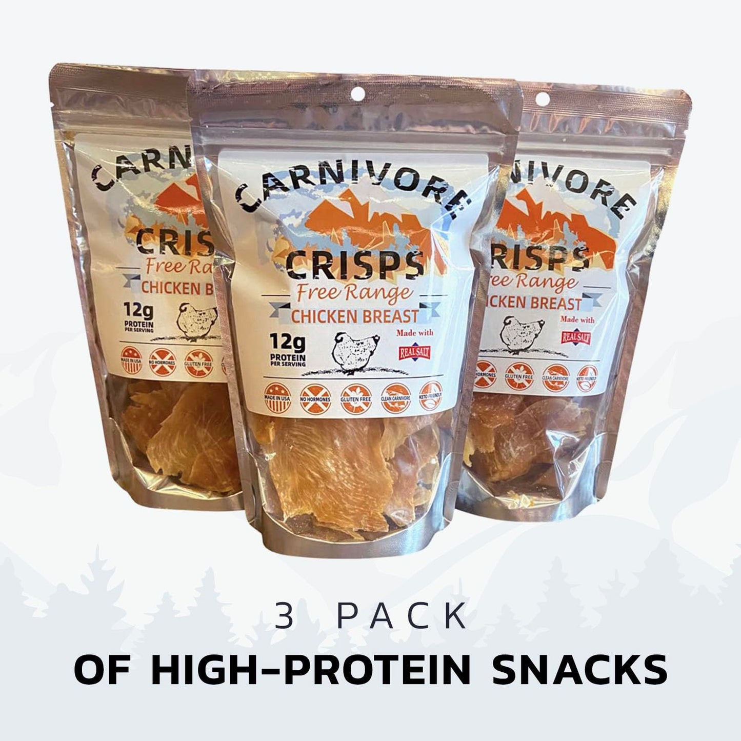 Carnivore Crisps Chicken Breast, (3) 1.5 Oz Bag, 12 G Proteins Per Serving, Carnivore Diet Approved, Keto Diet Approved