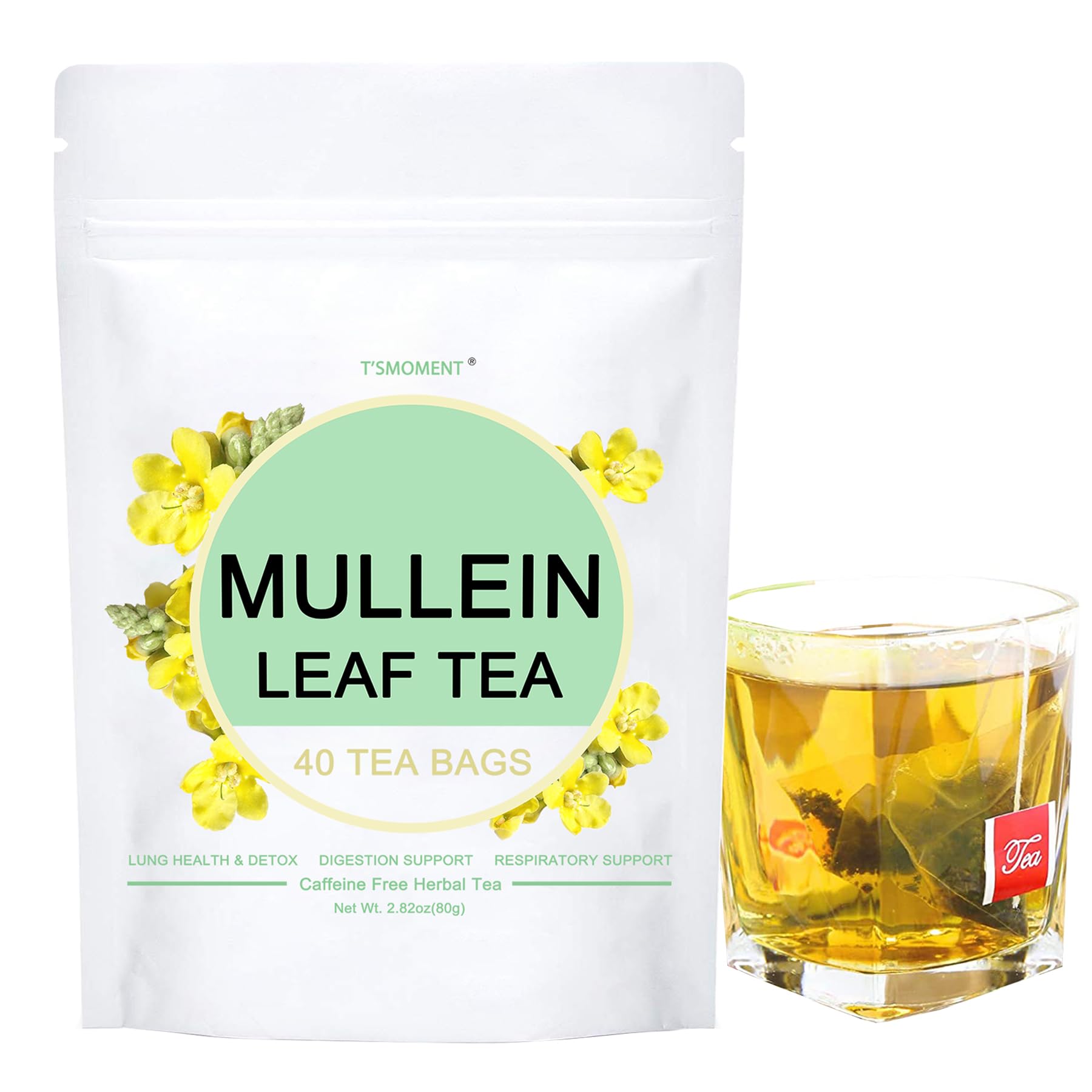 TSMOMENT Mullein Leaf Tea Bags - Herbal Tea, Caffeine Free, 40 Count