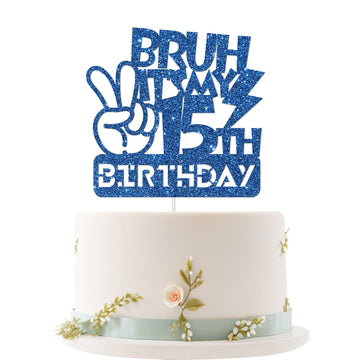 Embhhor Bruh It's My 15th Birthday Cake Topper, Dude Bro I'm 15, Teen Boys Happy 15th Birthday Party Cake Decorations, Blue Glit