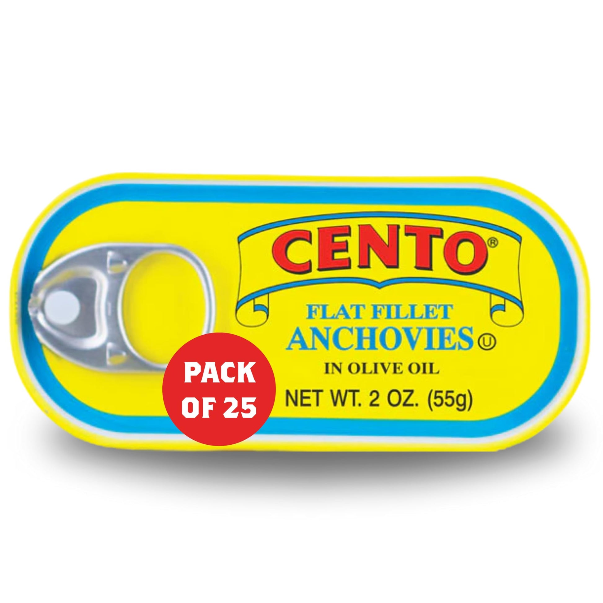 Cento Flat Fillet Anchovies in Olive Oil, 2 Oz (Pack of 25), Firm, Moroccan Skinless, Boneless, Canned Moroccan Anchovies, Easy 