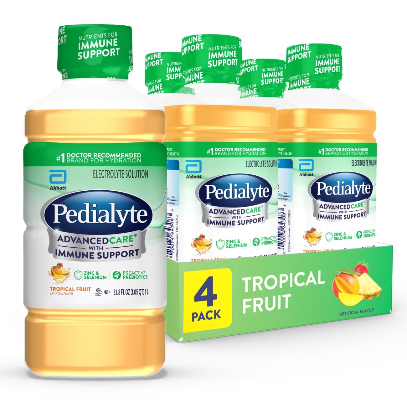 Pedialyte AdvancedCare Electrolyte Solution Has PreActivPrebiotics | Hydration Drink | Tropical Fruit, 1 Liter, Pack of 4