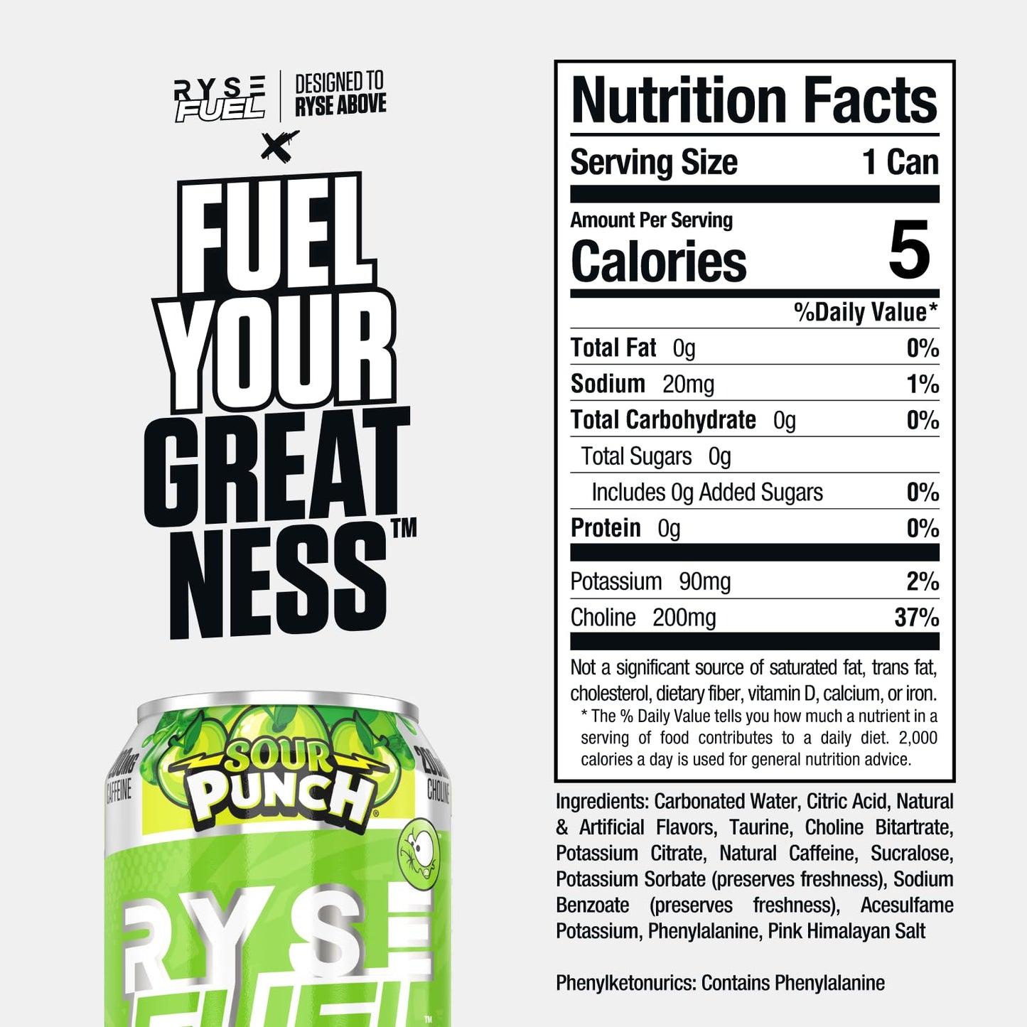 RYSE Fuel Energy Drink - Sour Punch Green Apple - Sugar Free & Vegan - 200mg Caffeine - 16 fl oz Cans (12-Pack)