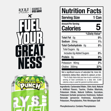 RYSE Fuel Energy Drink - Sour Punch Green Apple - Sugar Free & Vegan - 200mg Caffeine - 16 fl oz Cans (12-Pack)