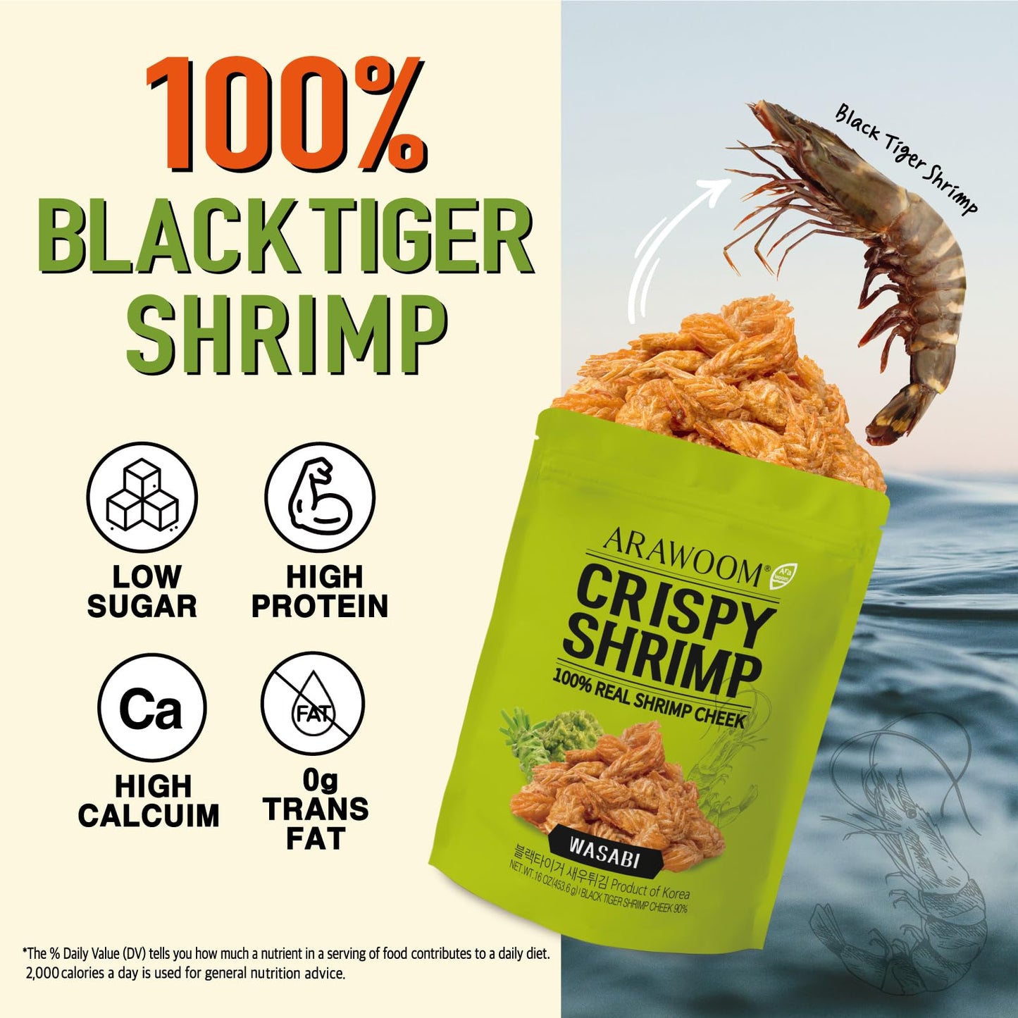 Arawoom - Real Crispy Shrimp Cheek Snack - 100% Real Black Tiger Shrimp - 16 Ounce (Pack Of 1) - Wasabi Flavor - Crunchy Treat F