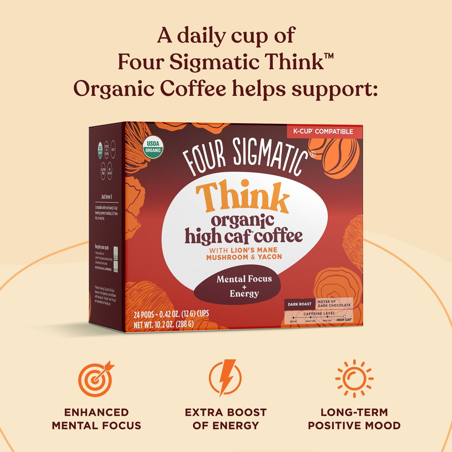 Four Sigmatic High Caffeine Mushroom Coffee K-Cups, Organic Dark Roast with Lion’s Mane & Chaga, 24 Count, Vegan & Keto