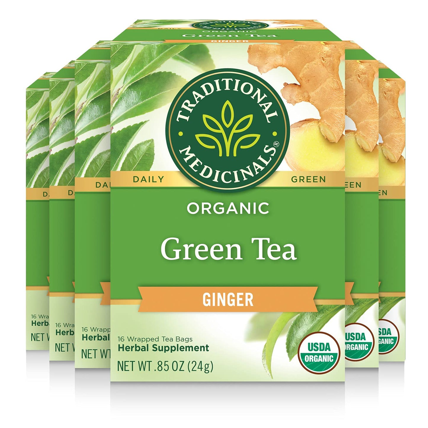 Traditional Medicinals Organic Green Tea with Ginger, 96 Tea Bags, Pack of 6