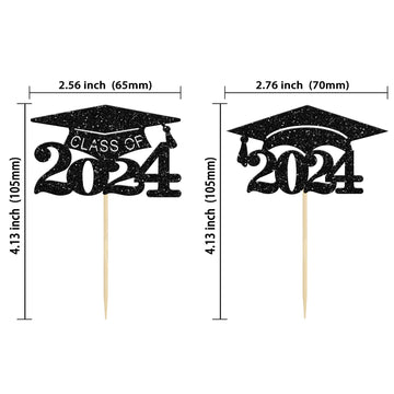Gyufise 24Pcs Graduation Cap Cupcake Toppers Black Glitter Graduation 2024 Cake Decorations For 2024 Graduation Theme Party Cake