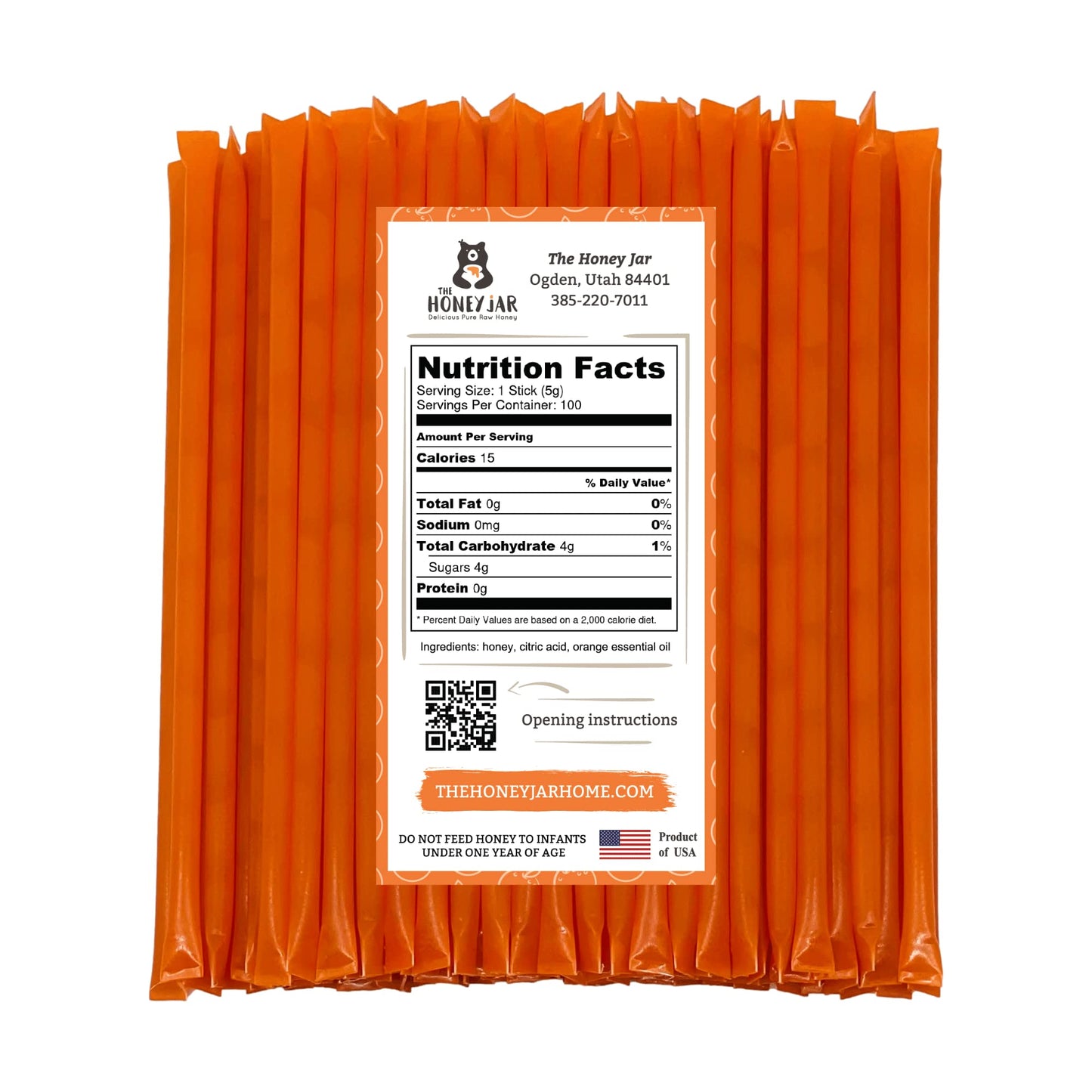 The Honey Jar Orange Flavored Raw Honey Sticks - 100 Count Package - Pure Honey Straws for Tea and Coffee