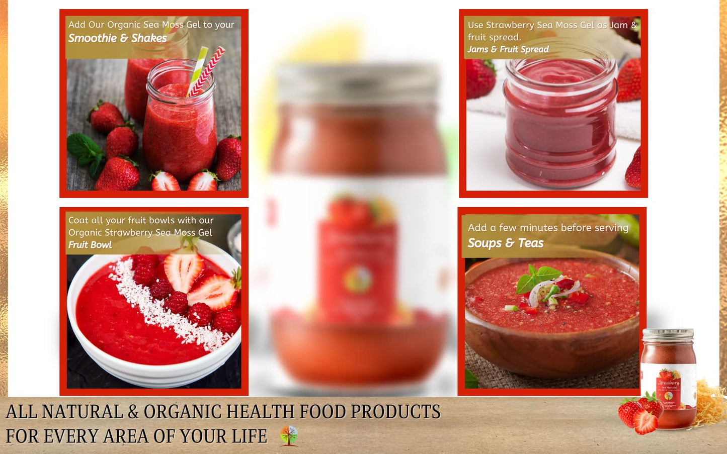The Natural Branches Organic Strawberry Sea Moss Gel with Elderberry - 16 oz - USDA Organic - Wildcrafted from Saint Lucia
