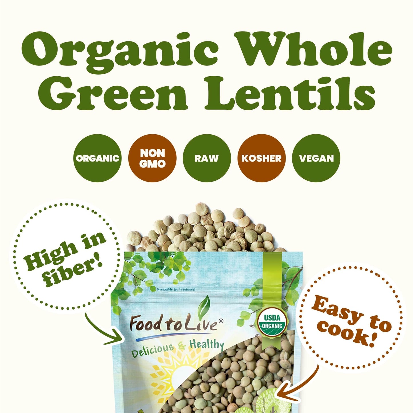 Food to Live Organic Whole Green Lentils, 2.5 Pounds - Non-GMO, Dried Raw Beans, Sproutable, Vegan, Kosher, Bulk. High in Folate