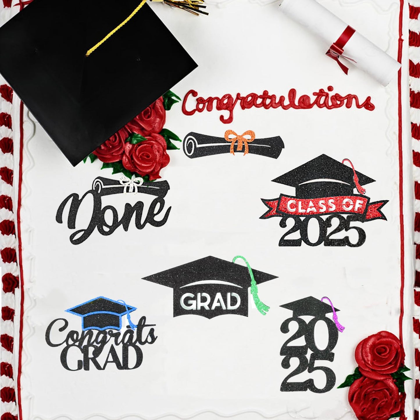 Chewarelly 24 Pack Graduation Cupcake Toppers, Glitter Decor, Black with Silver, Model GRADGL-24B03