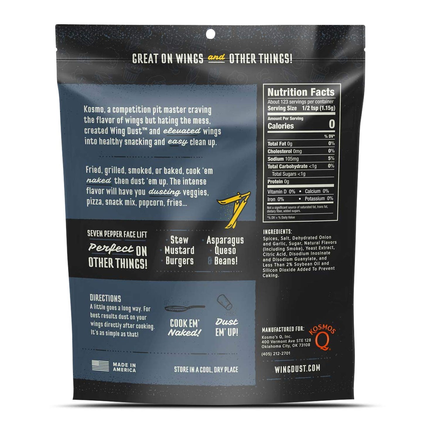 Kosmos Q Seven Pepper Face Lift Wing Dust - 5 Oz Bag For Wings, Popcorn & More - Dry Bbq Hot Wings Rub With 7-Pepper Blend, Garl