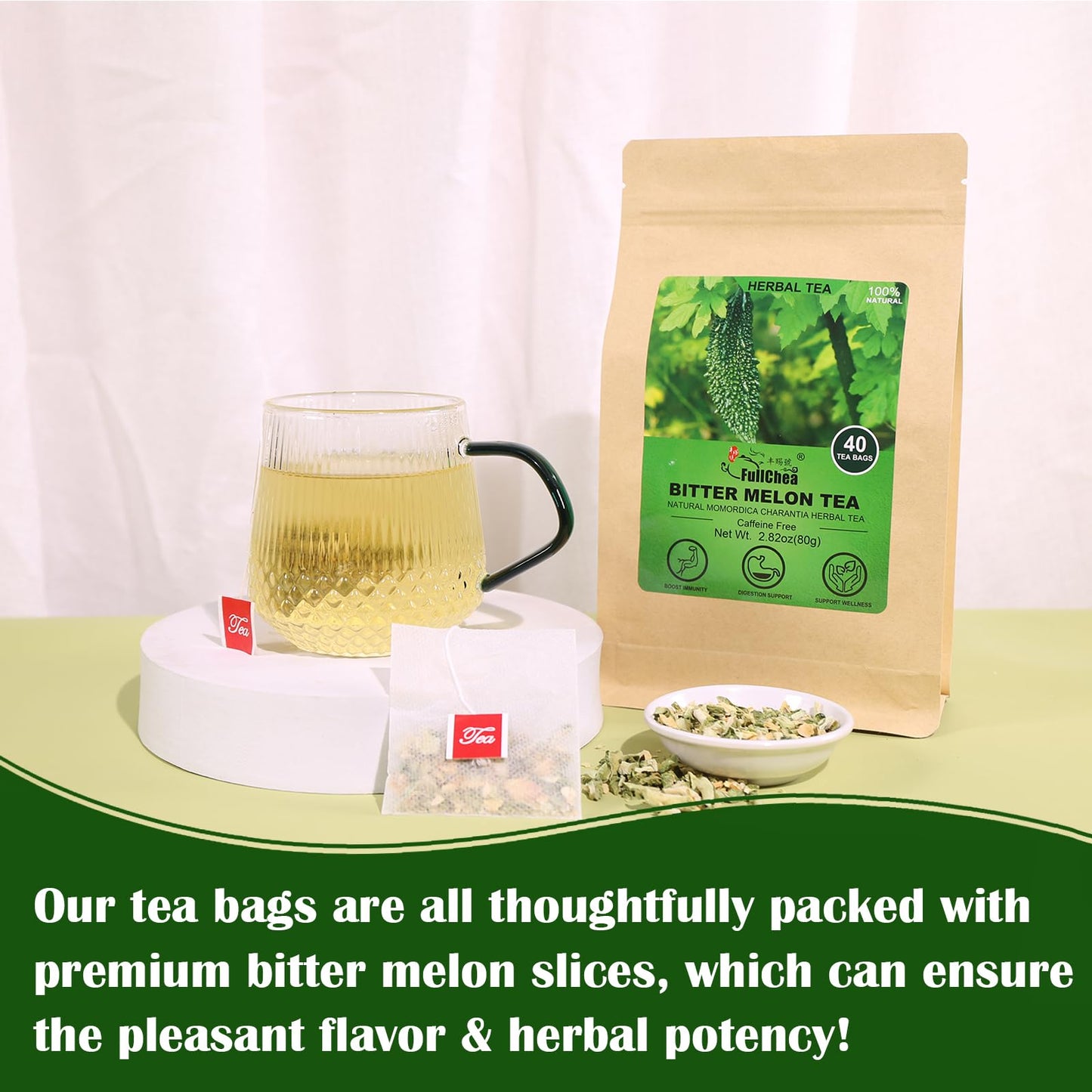 FullChea Bitter Melon Tea, Premium Natural Dried Momordica Charantia, 40 Count, Non-GMO, Caffeine-Free, Supports Wellness & Digestion
