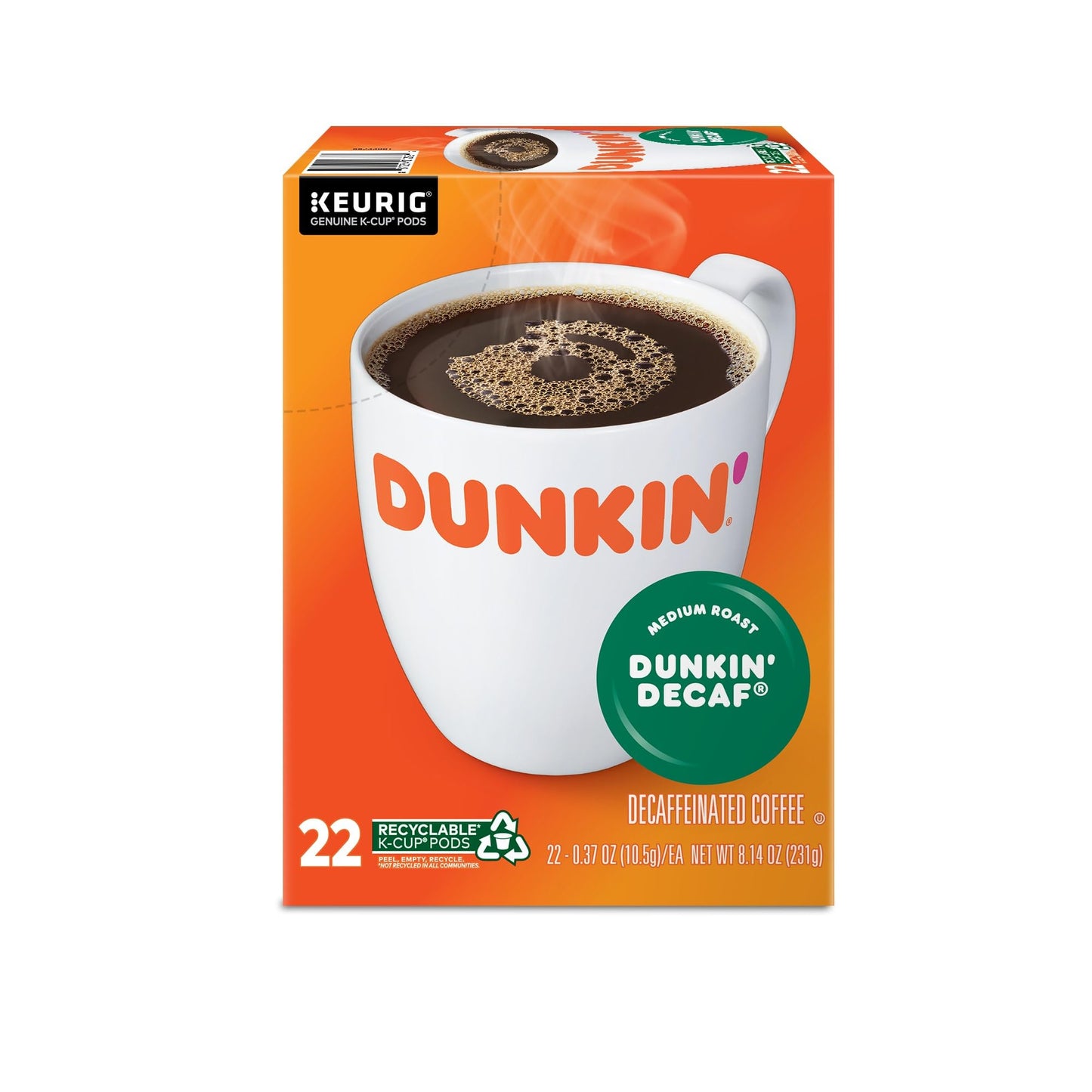 Dunkin Donuts Decaf Medium Roast Coffee K-Cup Pods, 22 Count, Coffee Flavor